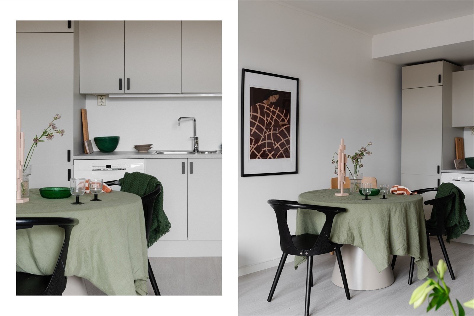 Kjøkkenet er holdt i lysegrå toner, som gir rommet et dust og behagelig inntrykk. Galleribilde