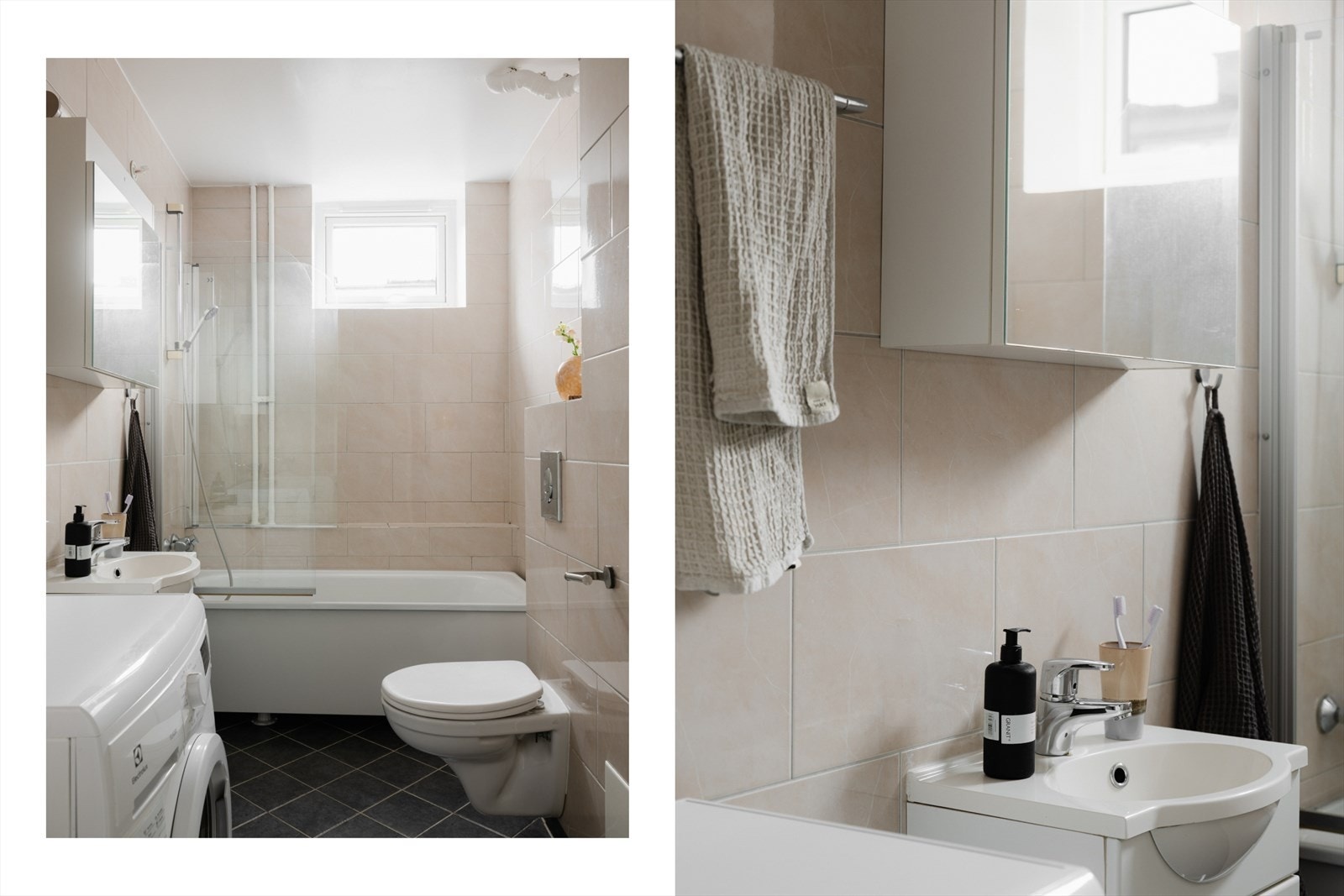 Badet er innredet med vegghengt toalett, speilskap, servant på underliggende skap og badekar. Galleribilde