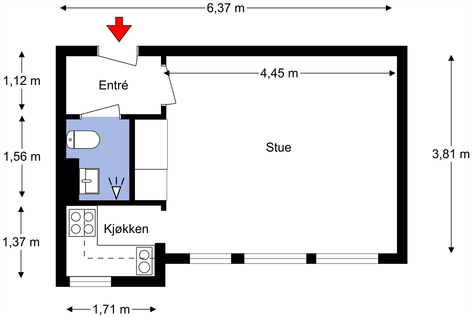 Plantegning. Leiligheten inneholder entré, bad, stue og kjøkken. I tillegg disponerer leiligheten bod i kjelleretasjen. Galleribilde