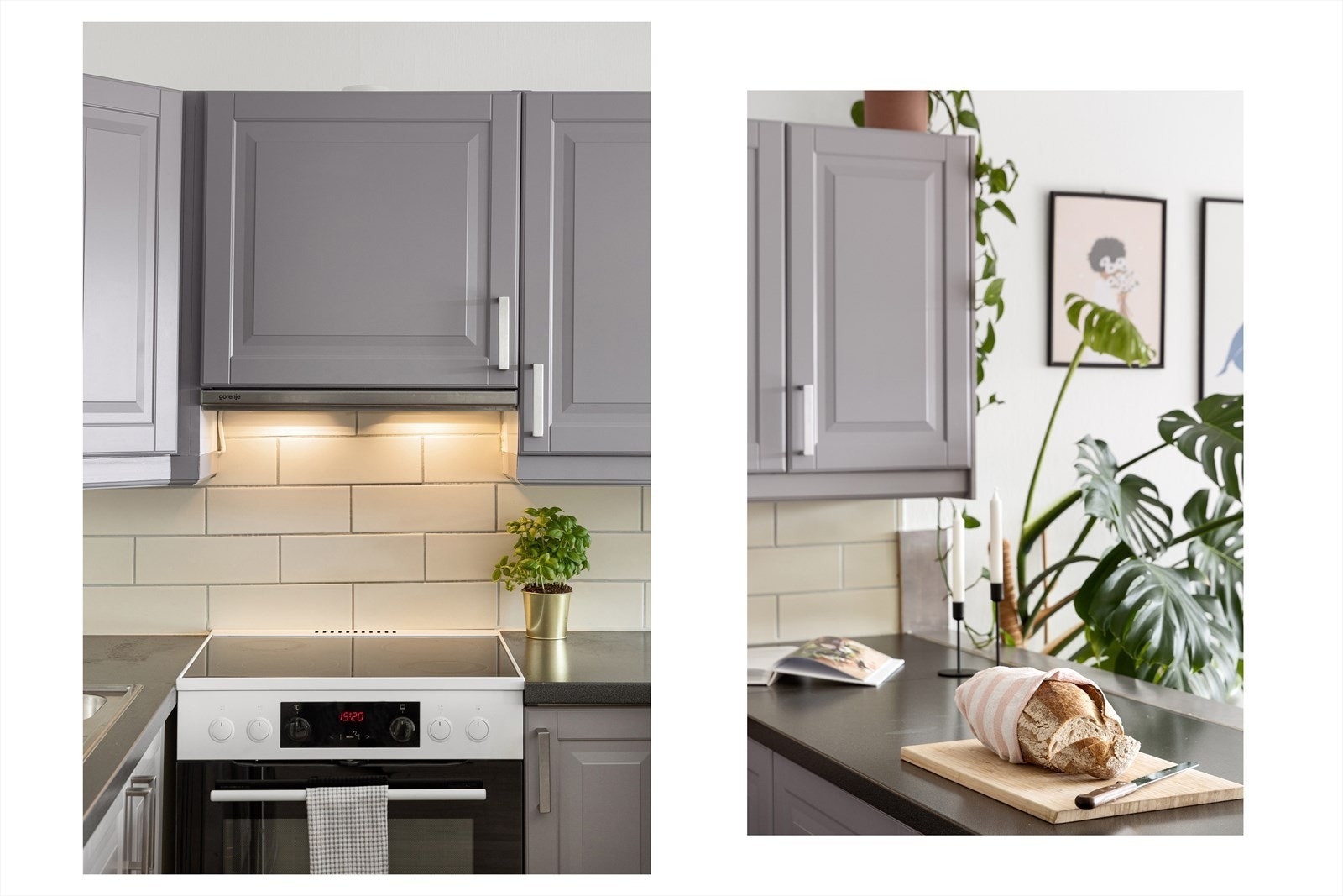 Kjøkkeninnredning med formpressede fronter og laminerte benkeplater, i henhold til tidligere salgsoppgave. Det er fliser mellom benken og overskapene. Galleribilde