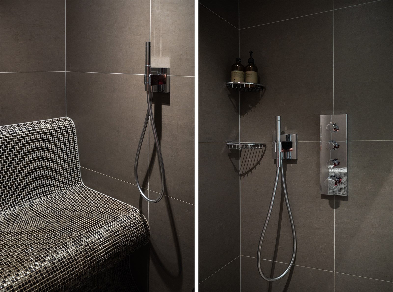 Nedsenket dusjnisje med Tylø steamdusj, innebygget armatur, takhengt regn- og hånddusj og innfliset sittebenk. Galleribilde