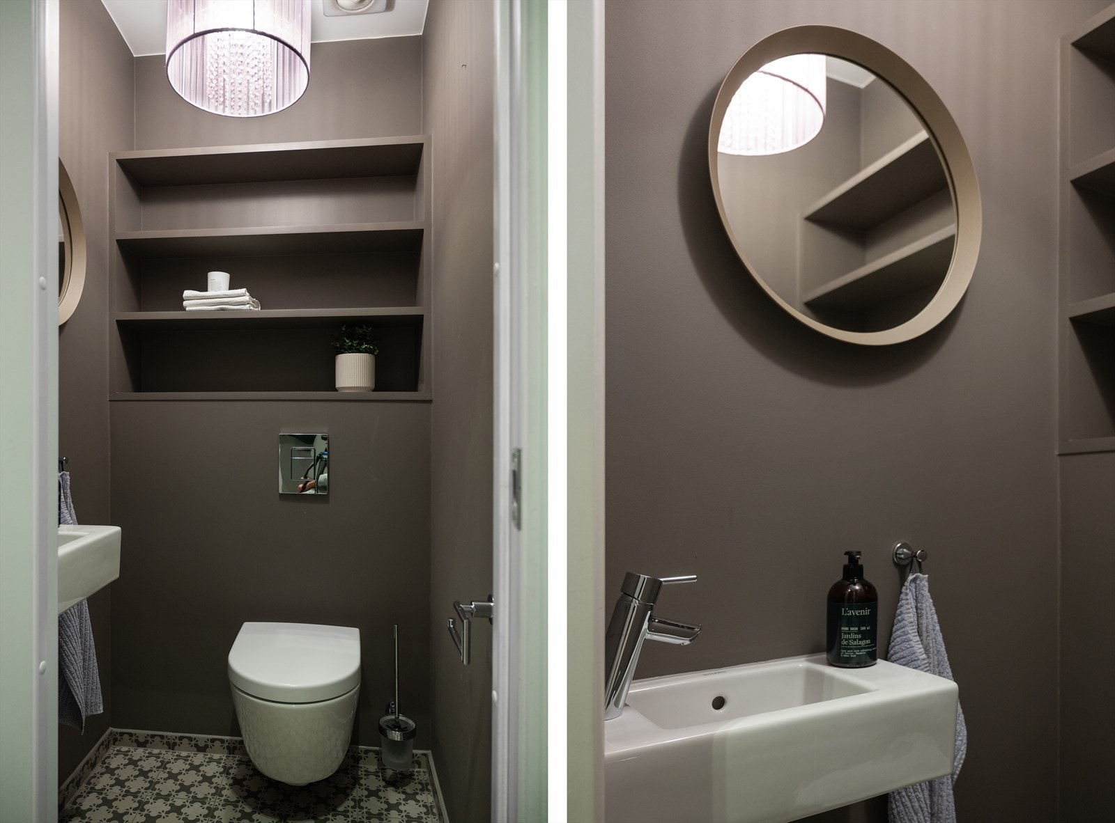 Separat toalett med flislagt gulv, vegghengt toalett, servant og hylleløsning. Galleribilde