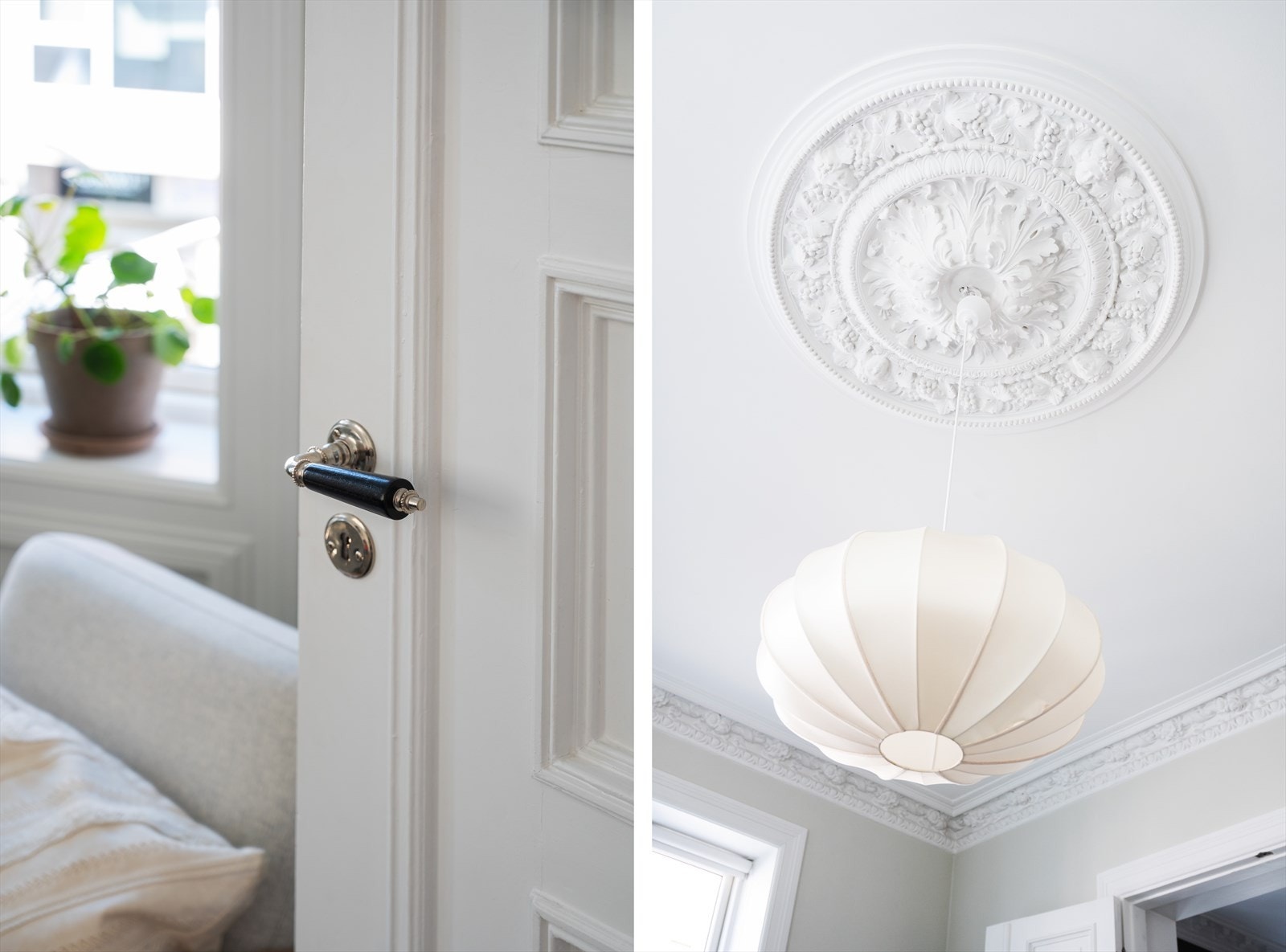 Klassiske særpreg i form av doble fløydører, stukkatur, rosett og listverk. Galleribilde