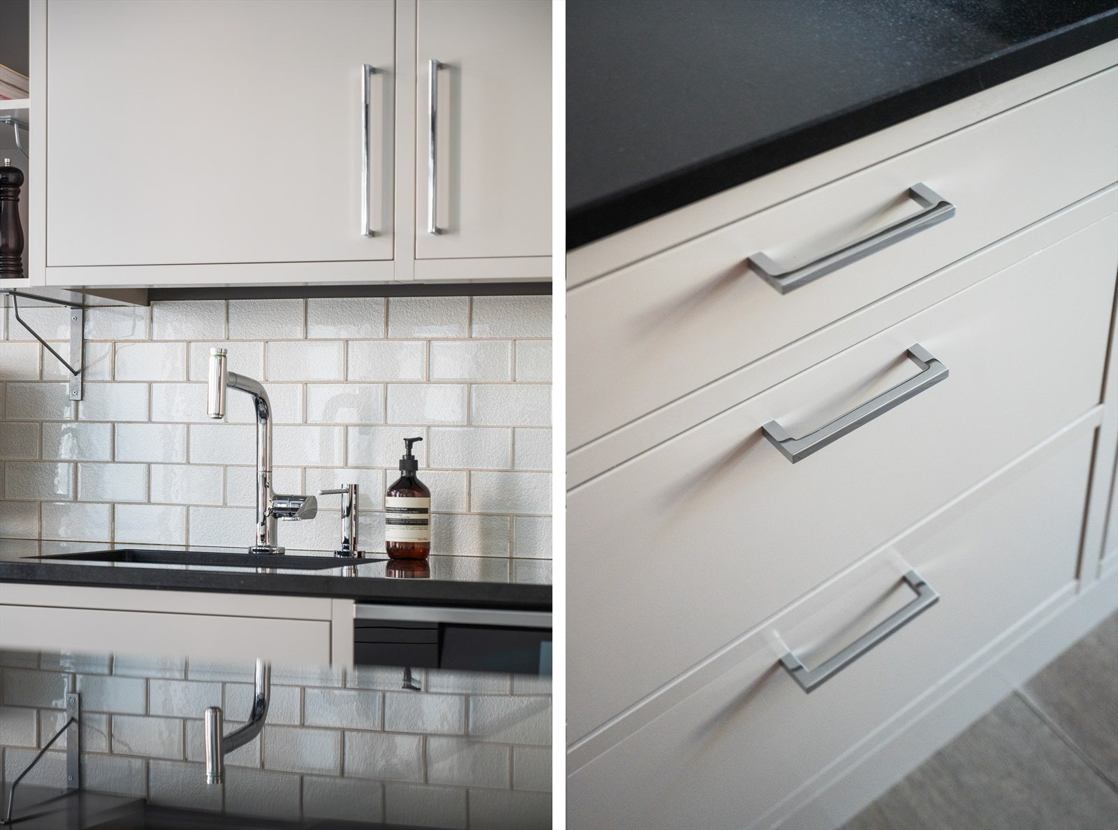 Granitt benkeplate med underlimt vaskekum og fliser over benk. Galleribilde