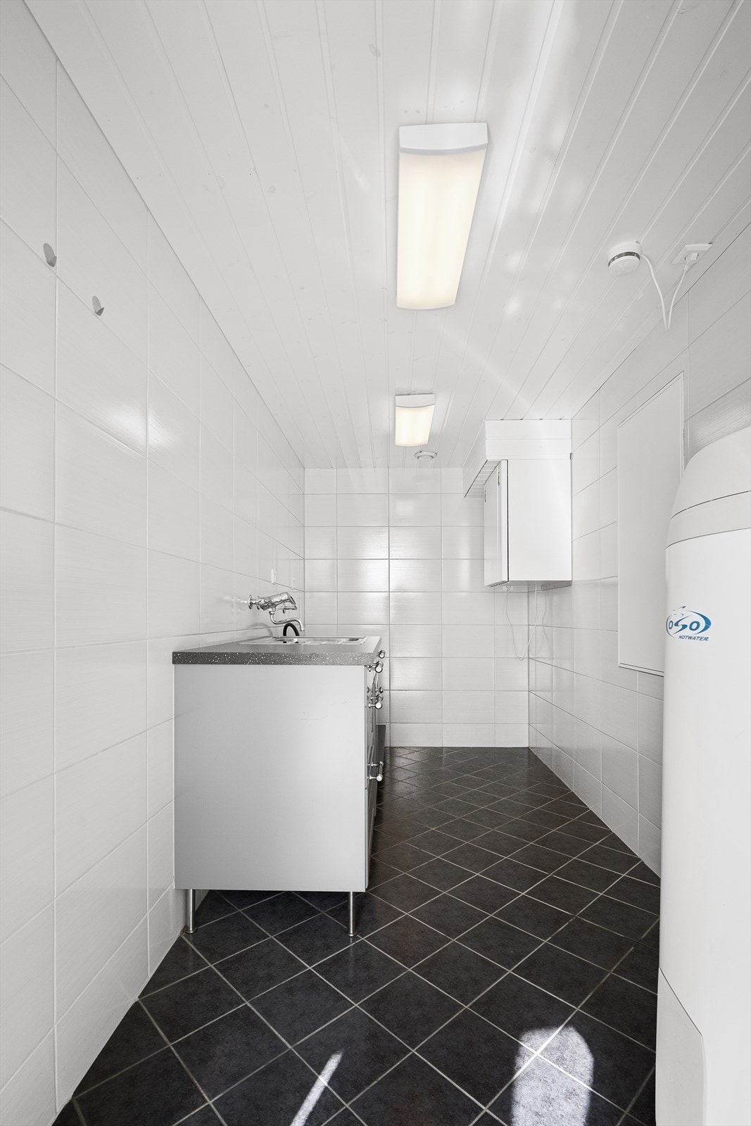 Vaskerommet har egen inngang fra utsiden. Her finner du vask og underskap, ventilasjonsanlegg og varmtvannsbereder. Galleribilde