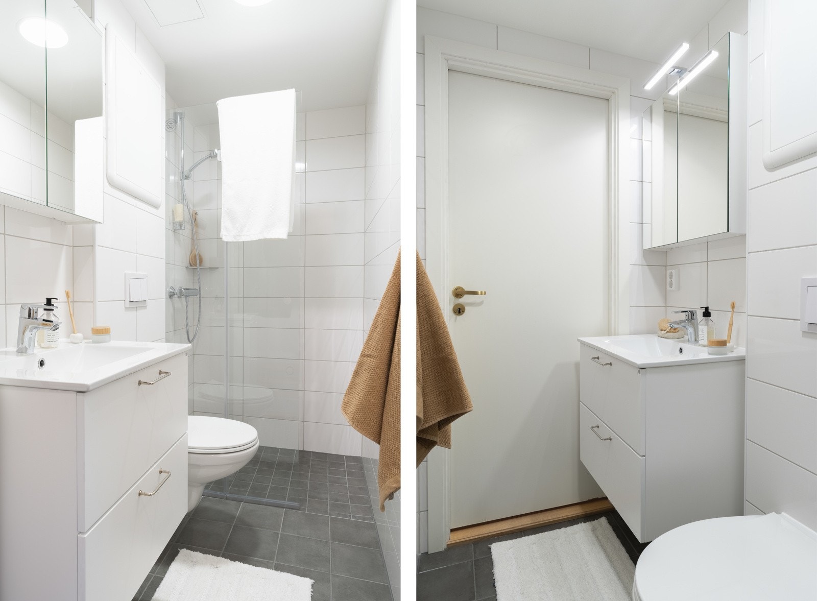 Badet er innredet med dusj med glassvegg, vegghengt toalett og baderomsinnredning. Galleribilde