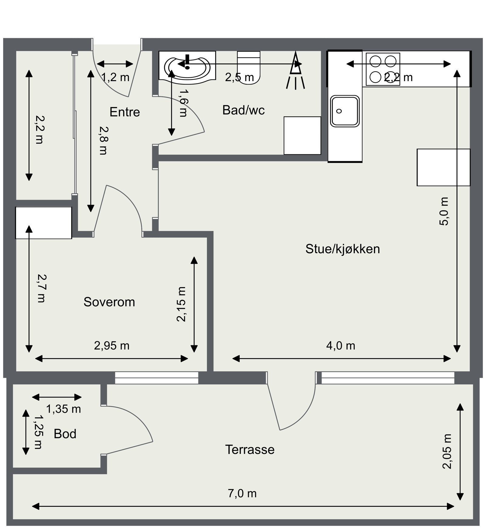 Innhold: Entré, bad/wc, soverom og stue/kjøkken. Galleribilde