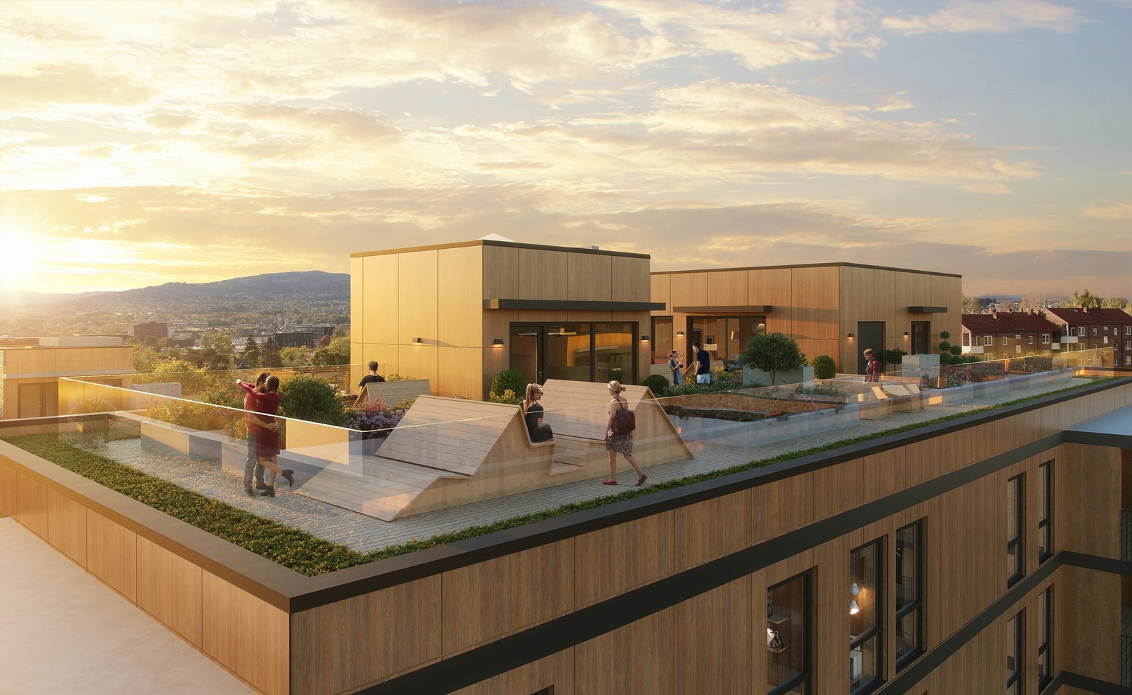 Felles takterrasse | Både bygg E og D får direkte tilgang til takterrasse med flotte sol- og utsiktsforhold. Avvik kan forekomme. Galleribilde