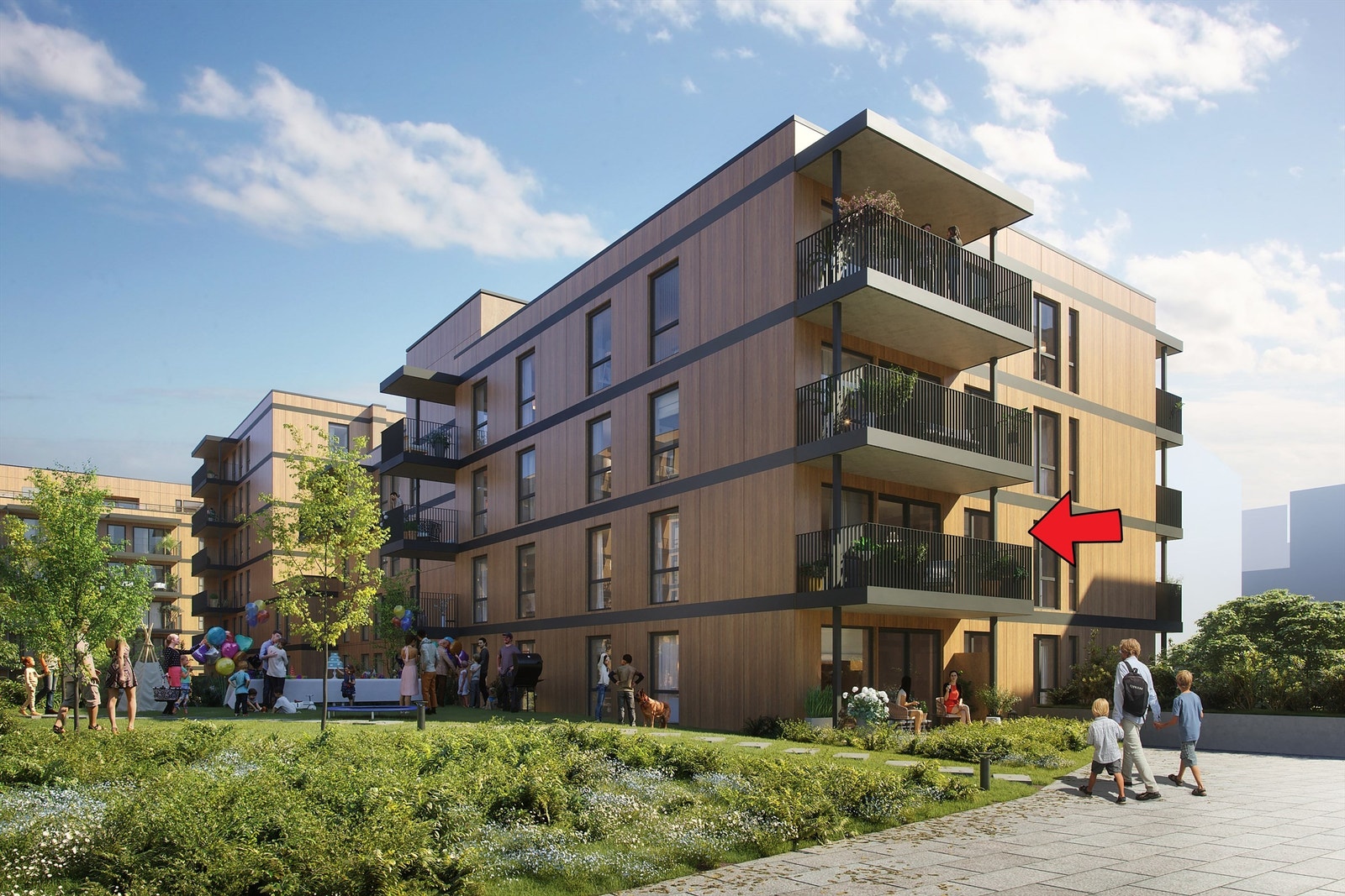 Illustrasjon av fasade med markering av leilighetens beliggenhet. Galleribilde