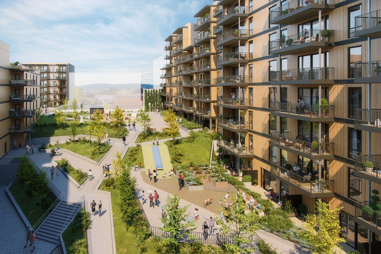 Gårdsrommet mellom Bygg D&E og B | Soneinndeling ved terrengets terrassering over tre etasjer, noe som bidrar til et variert tilbud til beboerne med forskjellige opplevelser og steder for uformelle møter. Avvik kan forekomme. Galleribilde