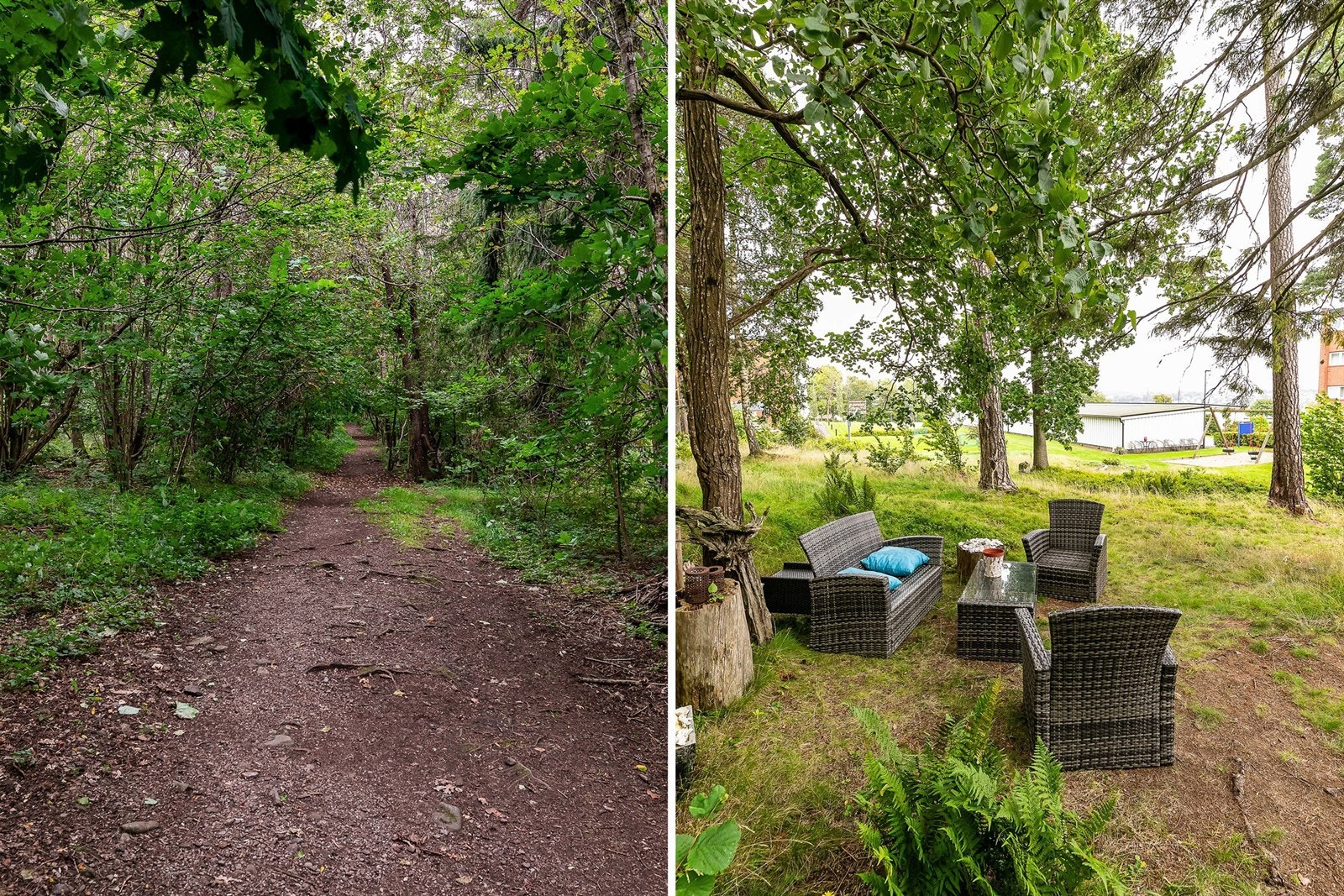 Tursti passerer i skogkanten rett bak blokken og leder videre til sjøen og landskapsvernområdet på Alby. Galleribilde