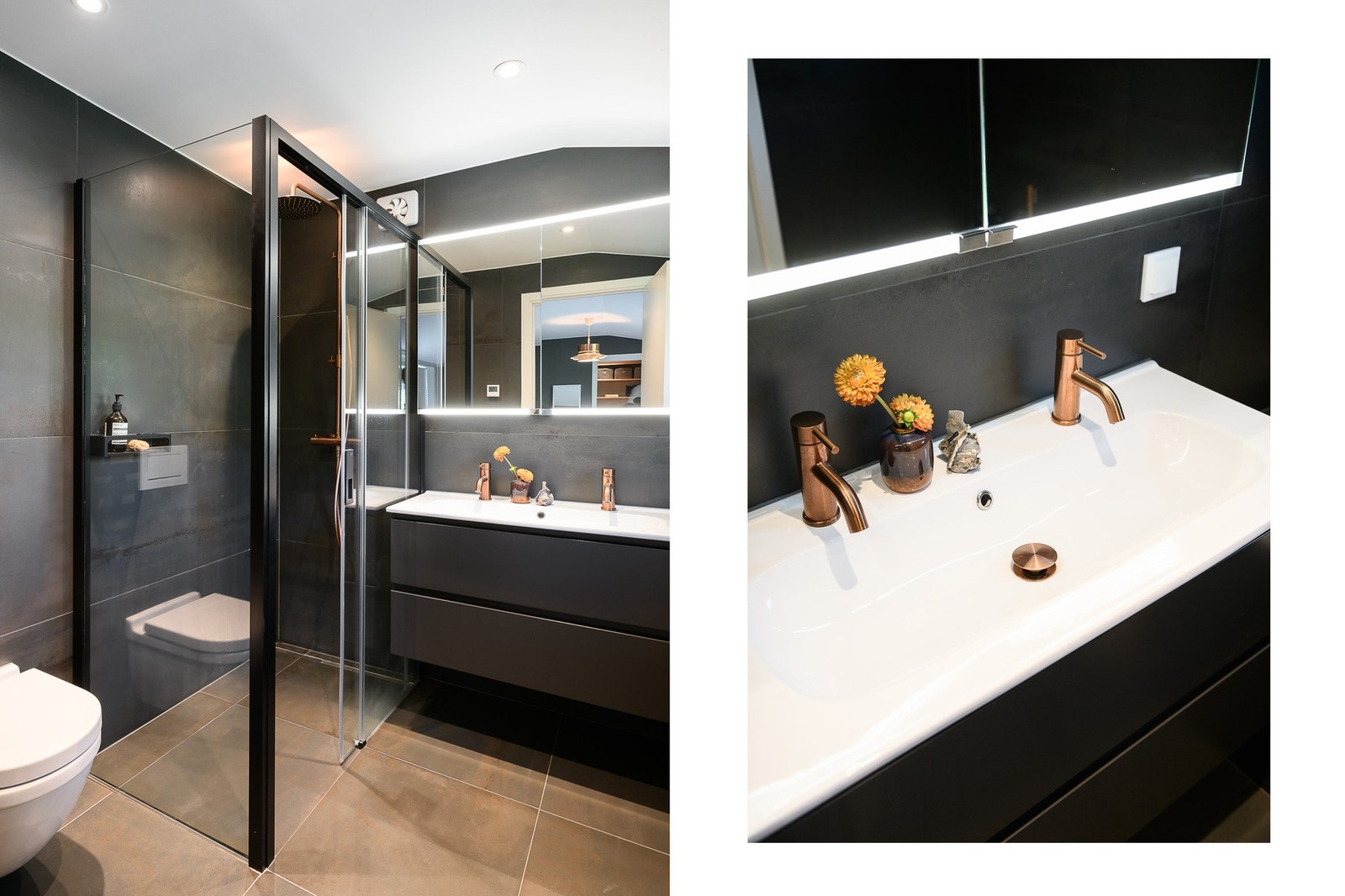 Eget master-bad med dobbel servant, bred dusj, badekar og toalett. Galleribilde