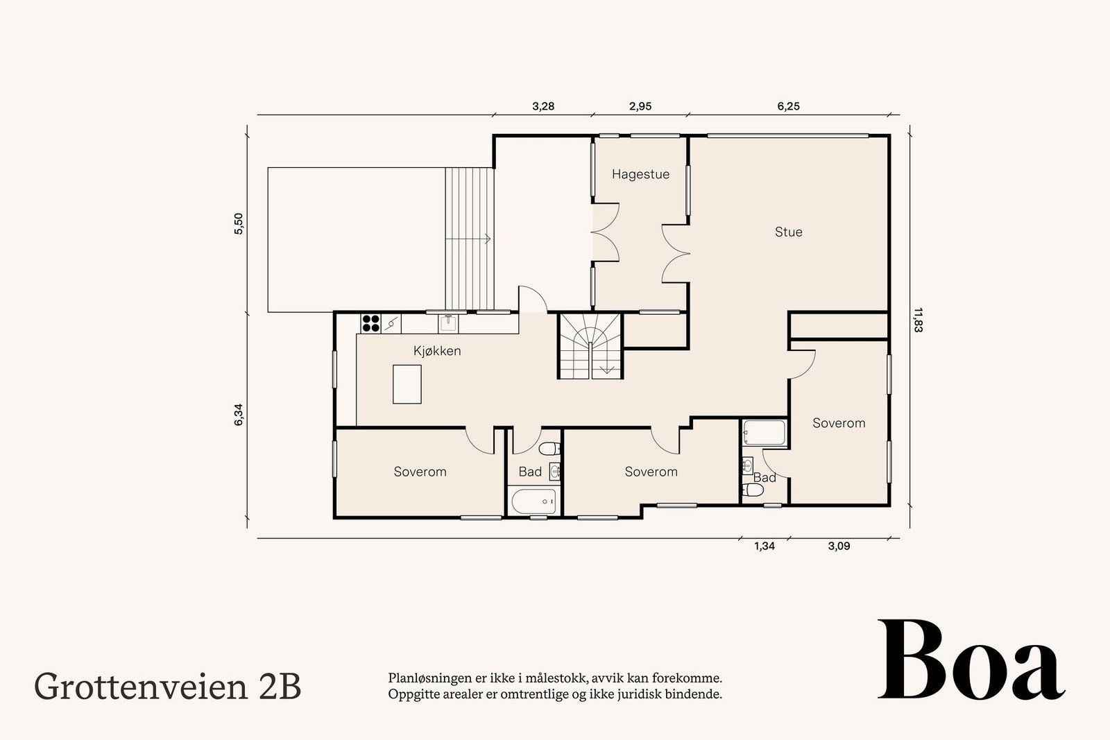 1. etasje: Stue/spisestue m/trapp, kjøkken m/spiseplass, dusjbad v/soverom, dusjbad ved kjøkken og 3 soverom. Galleribilde