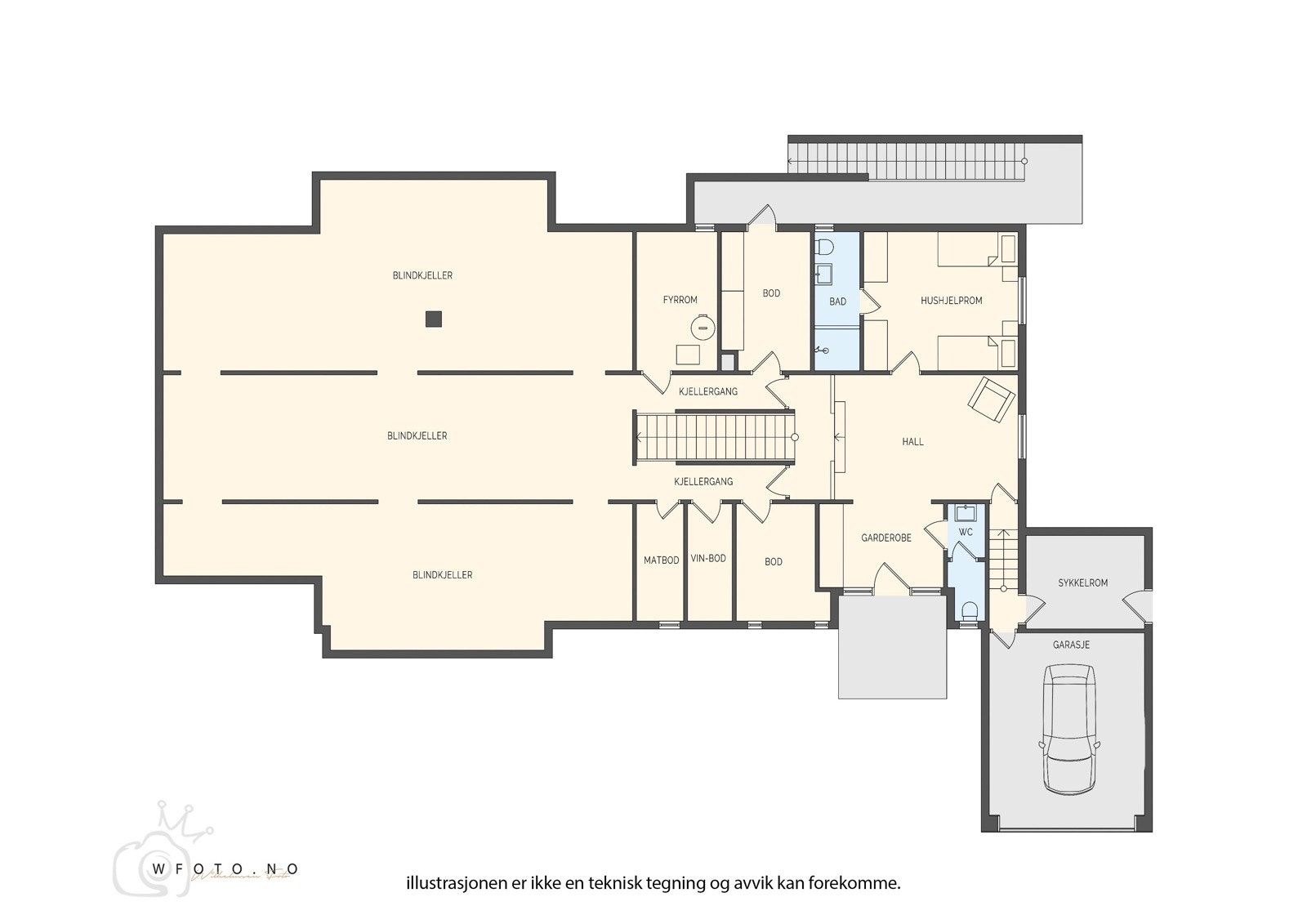 Underetasje har et areal på 127 m². Av det oppgitte arealet utgjør garasjen 27 m². Blindkjeller er ikke med i arealberegningen. Galleribilde