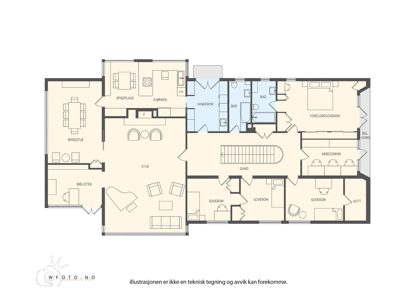 Hovedetasjen har et areal på 224 m². Herfra er det oppgang til stort loft. Galleribilde