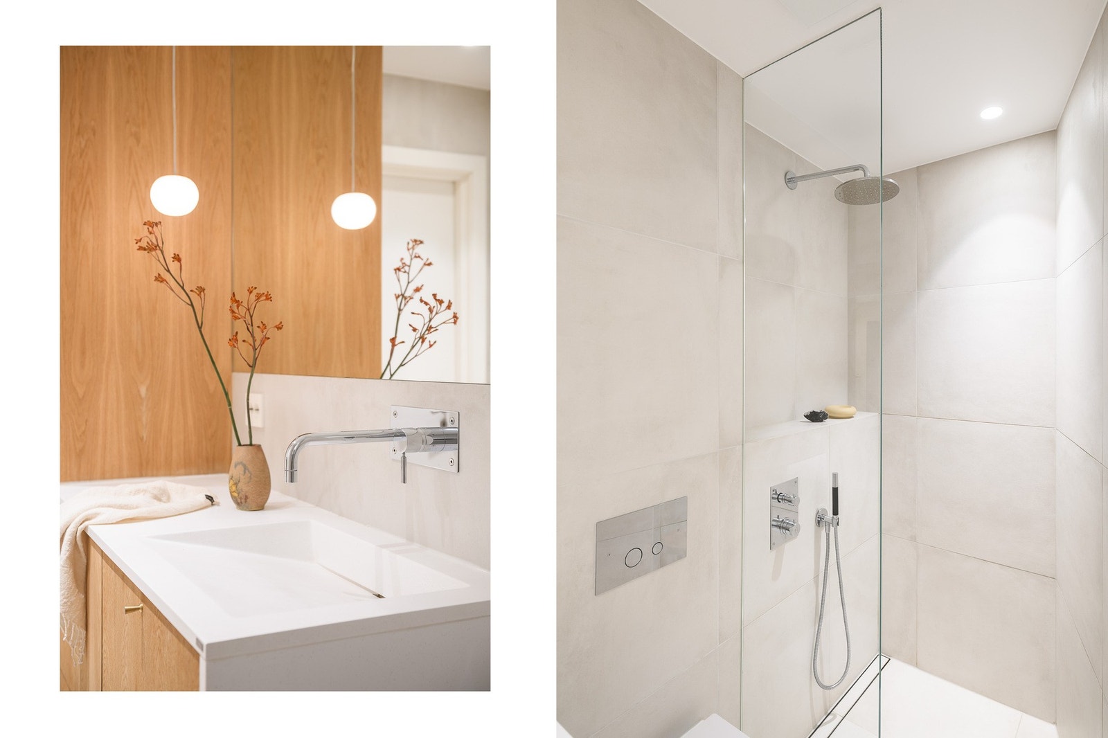 Rommet er nydelig innredet med store fliser og en vakker servant med eikefinerte MDF-fronter. Galleribilde