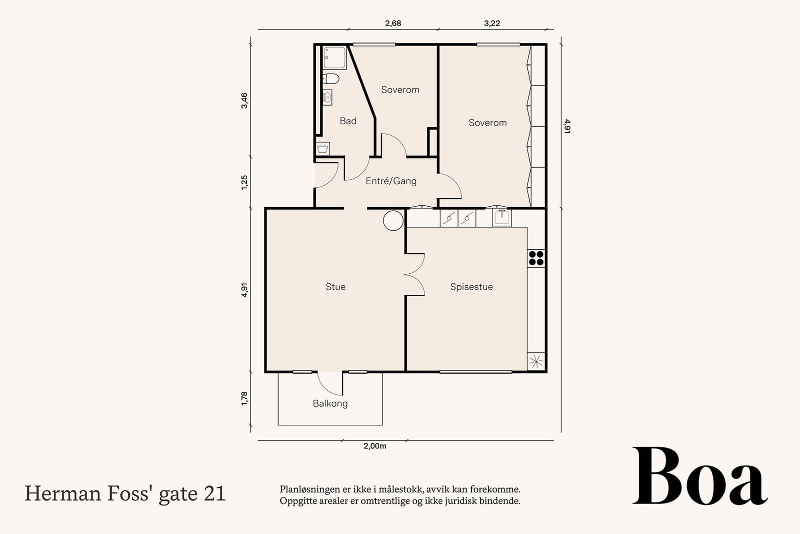 2. etasje: Entré/gang, bad/vaskerom, kjøkken med spisestue, stue og to soverom. Balkong. Galleribilde