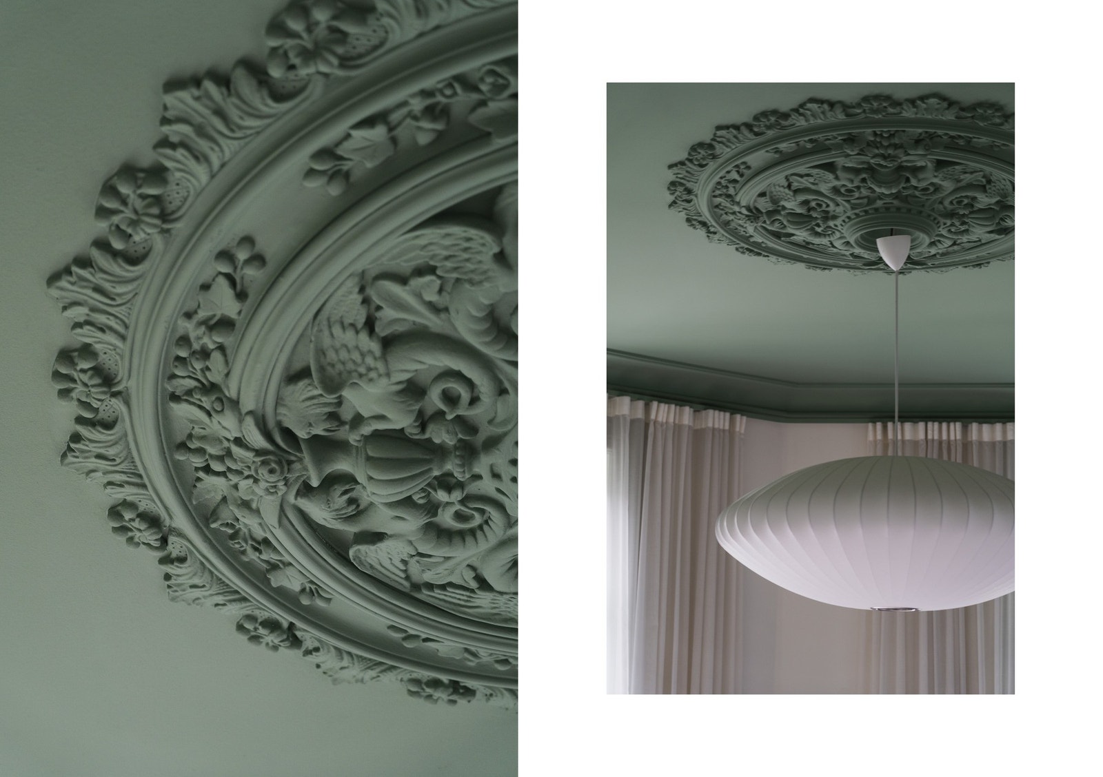 Vakkert dekorert med stor rosett og mørkmalt himling. Galleribilde