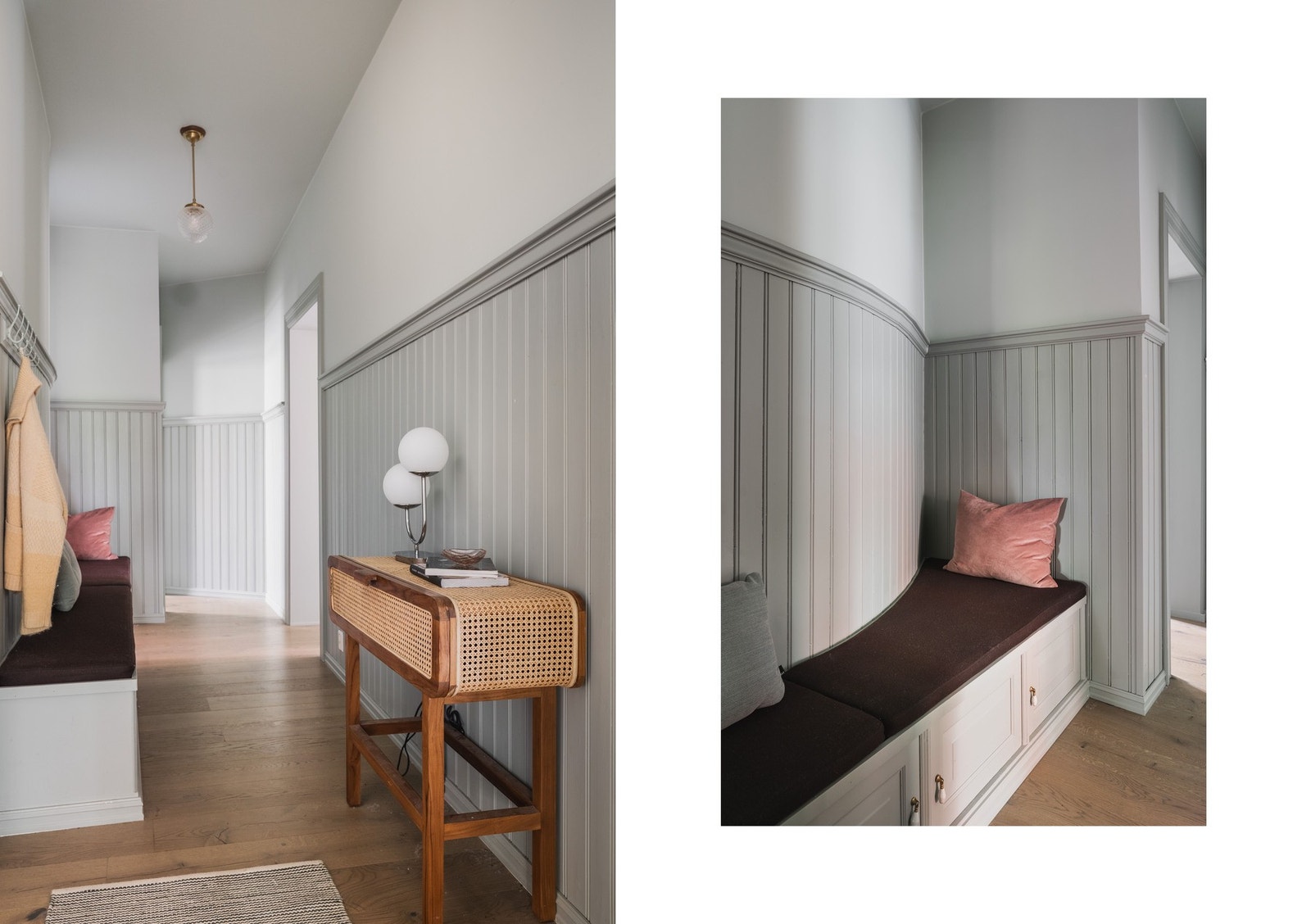 Romslig entré med plassbygget sittebenk. Galleribilde