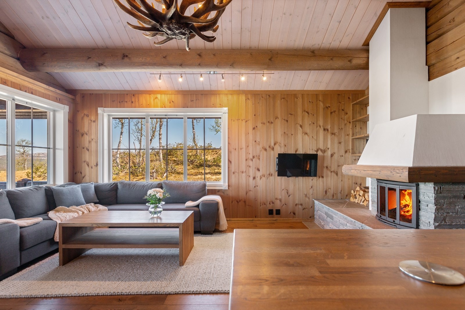 Inne i hytta er det en hyggelig stue med åpen kjøkkenløsning. Her er det god plass til både spisegruppe og koselig sofakrok. Galleribilde