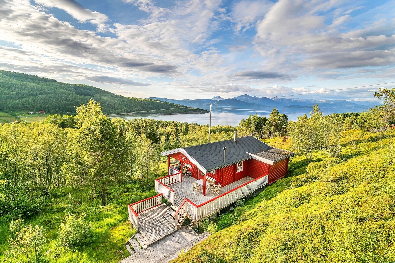 Fritidsboligen har flott utsikt over både fjell, skog og sjø. Galleribilde