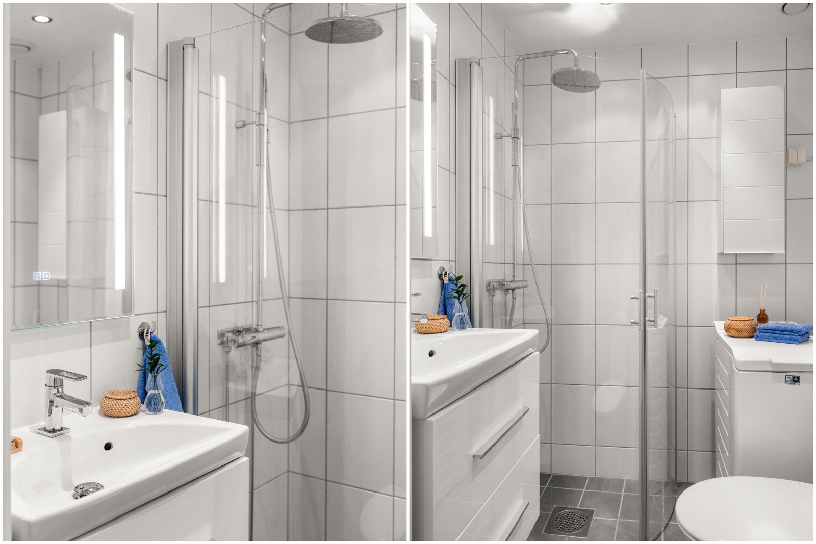 Inneholder: Servant med skuffer, speil med integrert belysning, veggskap, dusjhjørne med regnfallsdusj og innfellbare dører i herdet glass, klosett, og opplegg til vaskemaskin/tørketrommel. Galleribilde