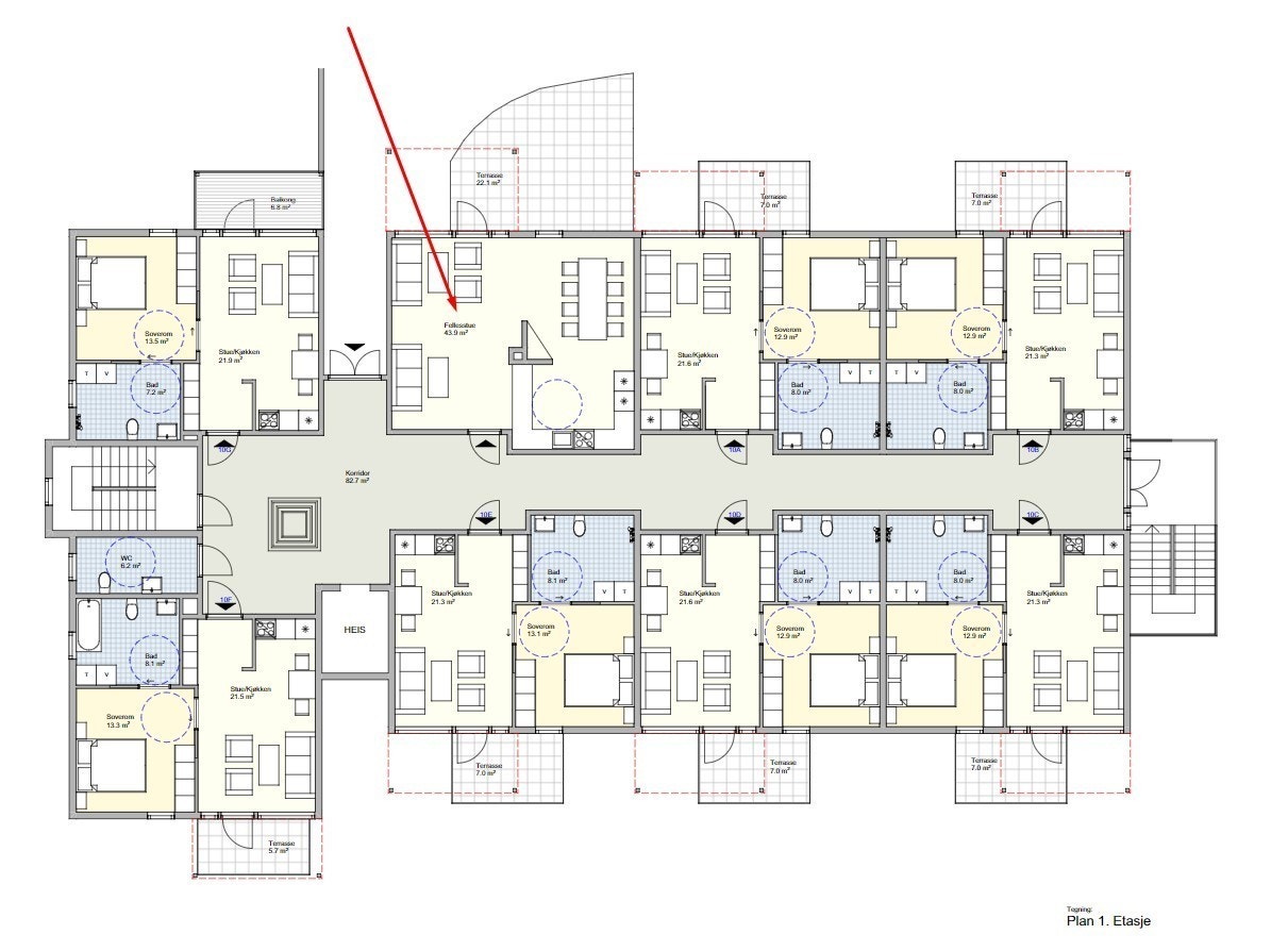 Hyggelig fellesstue i 2.etasje som alle beboere kan benytte seg av.
Det planlegges å pusse opp fellesstuen om ikke så lenge. Galleribilde