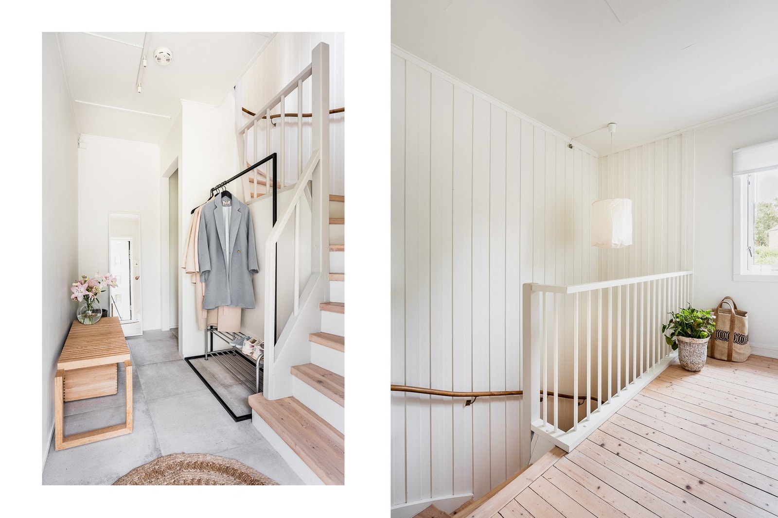 Flislagt entré med plass for yttertøy. Trappesats til hovedetasjen og ned til kjelleren. Galleribilde