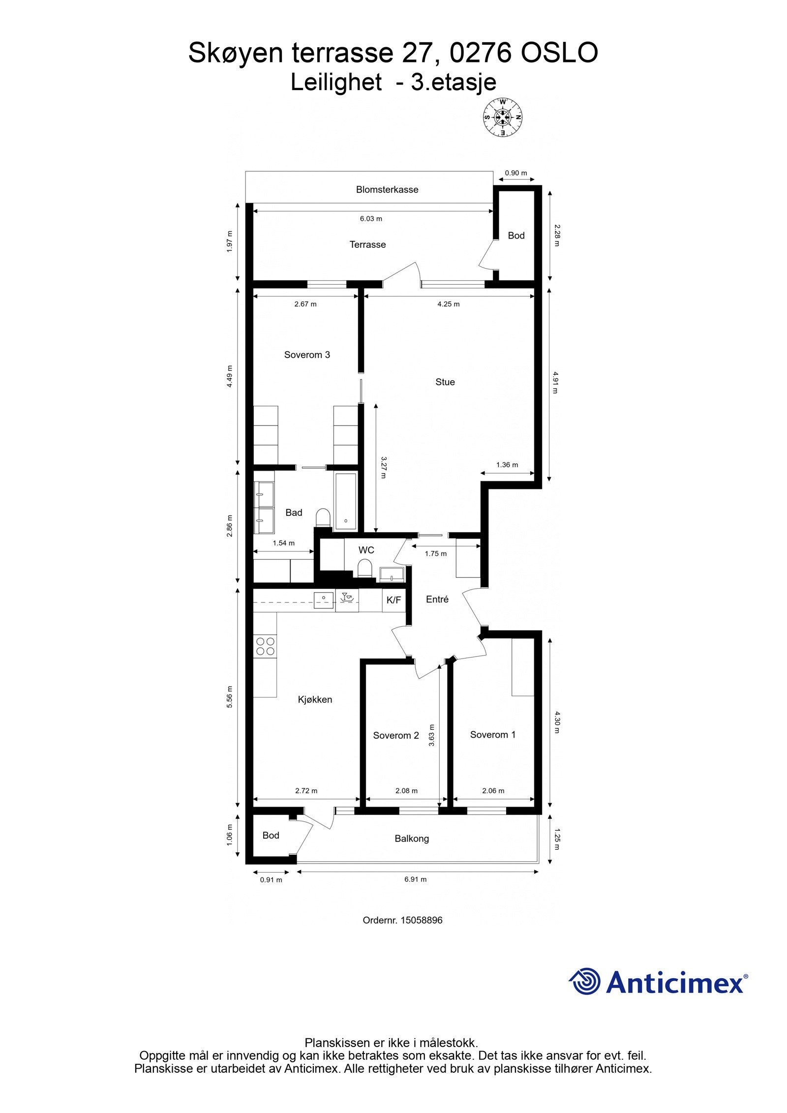 Plantegning. I tillegg disponerer leiligheten en bod på ca. 2m² i felles bodområde, samt en garasjeplass med elbil-lader i parkeringskjeller under nabobygg. Galleribilde