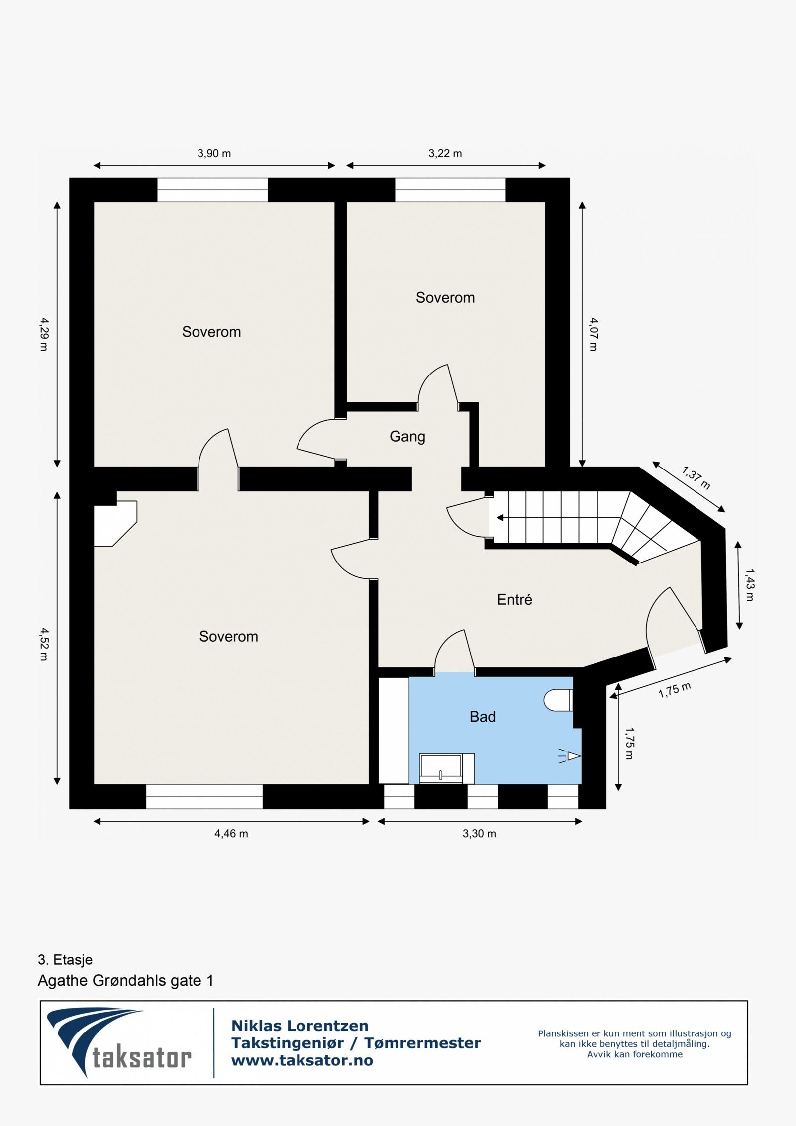 Plantegning 3 etg. Alle tre rommene benyttes som soverom. Galleribilde