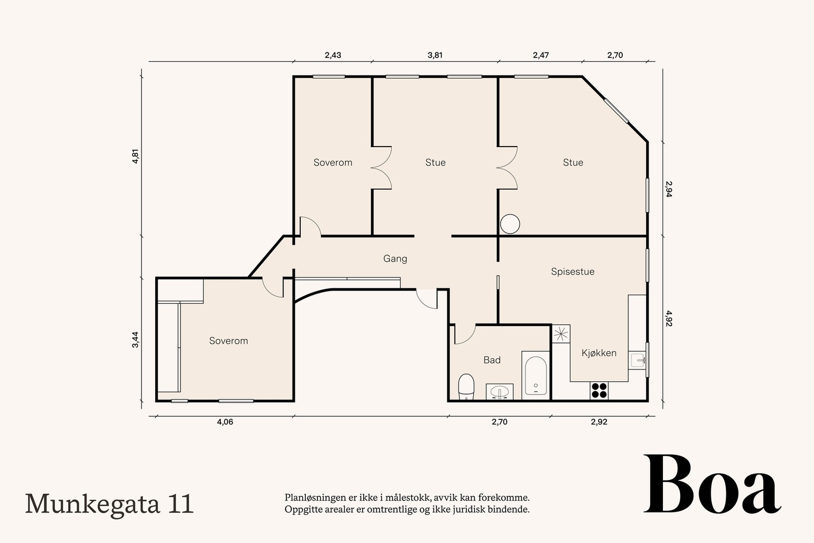 2. etasje: Entré/gang, bad, spisestue/kjøkken, to stuer og to soverom. Galleribilde