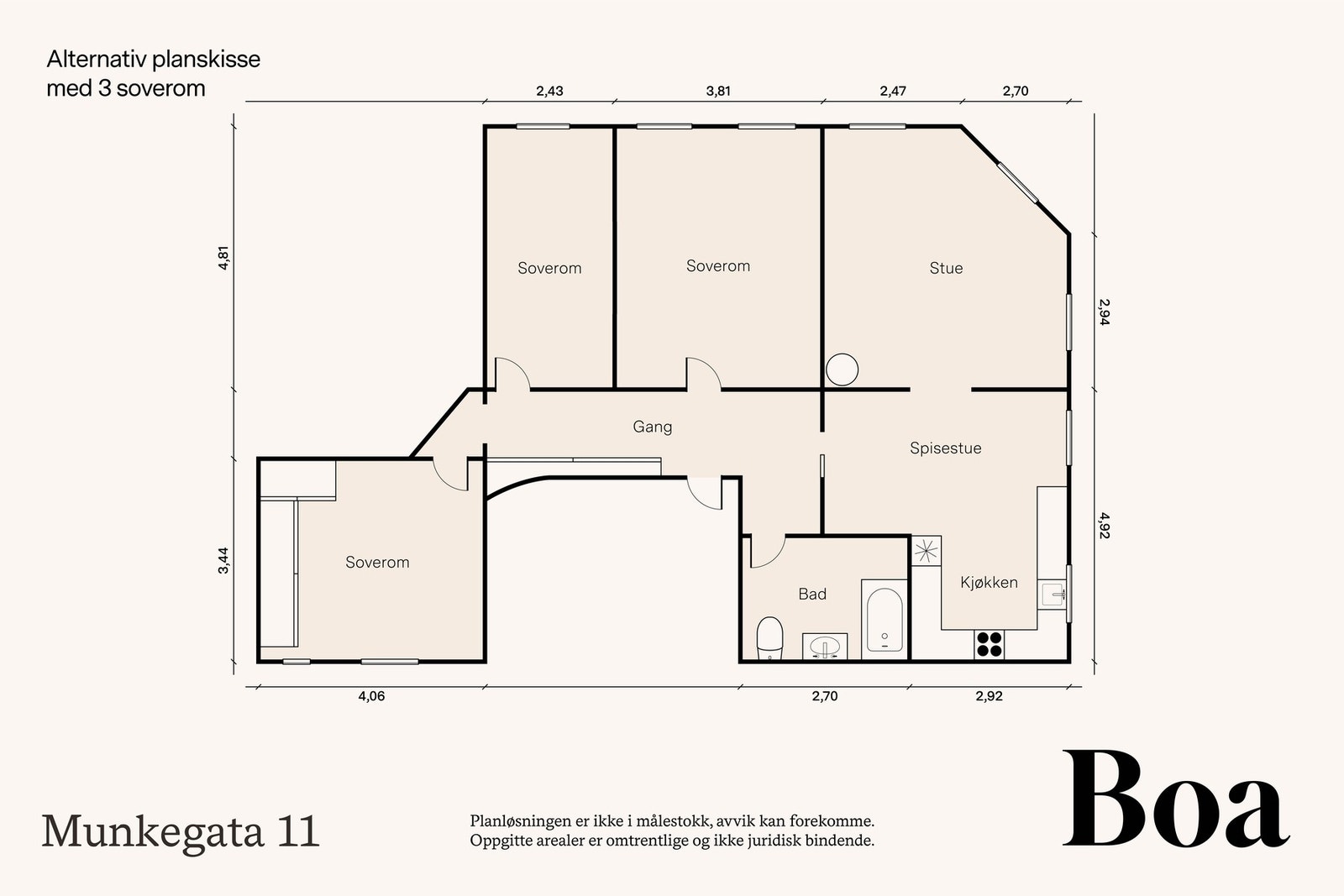 Alternativ planløsning med 3 soverom. Galleribilde