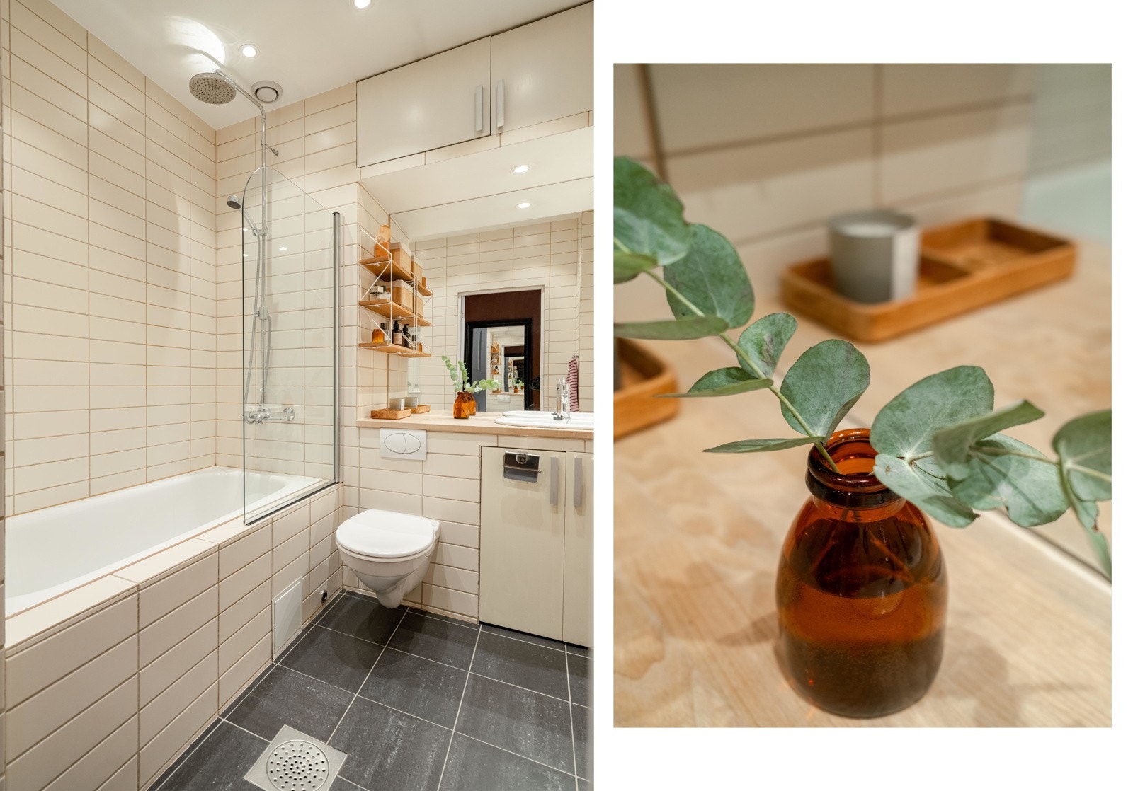 Badet ble bygget i 2006 i regi av tidligere eier. Det er lune varmekabler i gulv og dimbare downlights i tak. Galleribilde