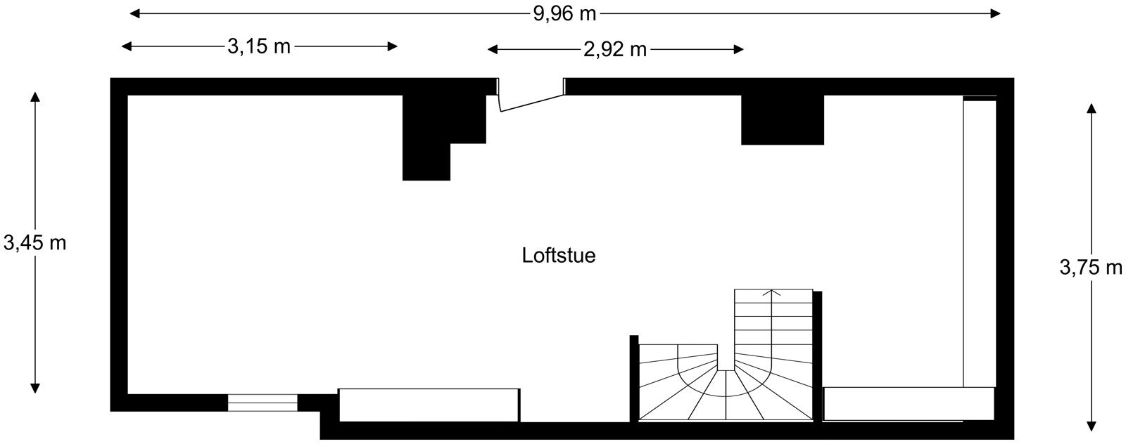 Plantegning for leilighetens øverste etasje, bestående av en romslig loftsstue. Galleribilde