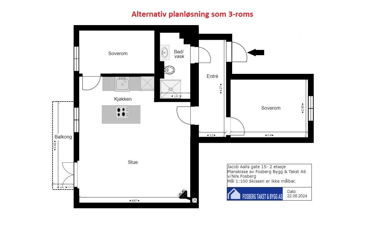 Forslag til alternativ planløsning som er gjennomført i tilsvarende leilighet i bygget. Galleribilde