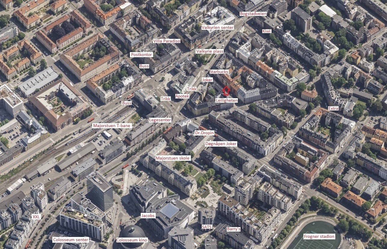 Oversikt over nærområdet. Leiligheten har en svært sentral beliggenhet. Galleribilde