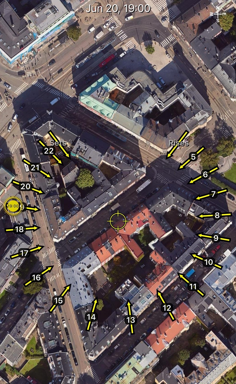 Illustrasjon av solforholdene midtsommers. Sol på balkongen fra ca. kl. 16:00-19:00. Galleribilde