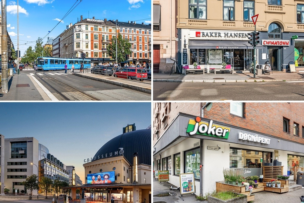 Umiddelbar nærhet til Majorstukrysset med trikk, buss og T-bane. Stort og godt tilbud av dagligvarehandel med Meny, Jacobs, Kiwi og Extra, samt døgnåpen og søndagsåpen Joker. Bakeri og kaffebarer rett i nærheten. Galleribilde