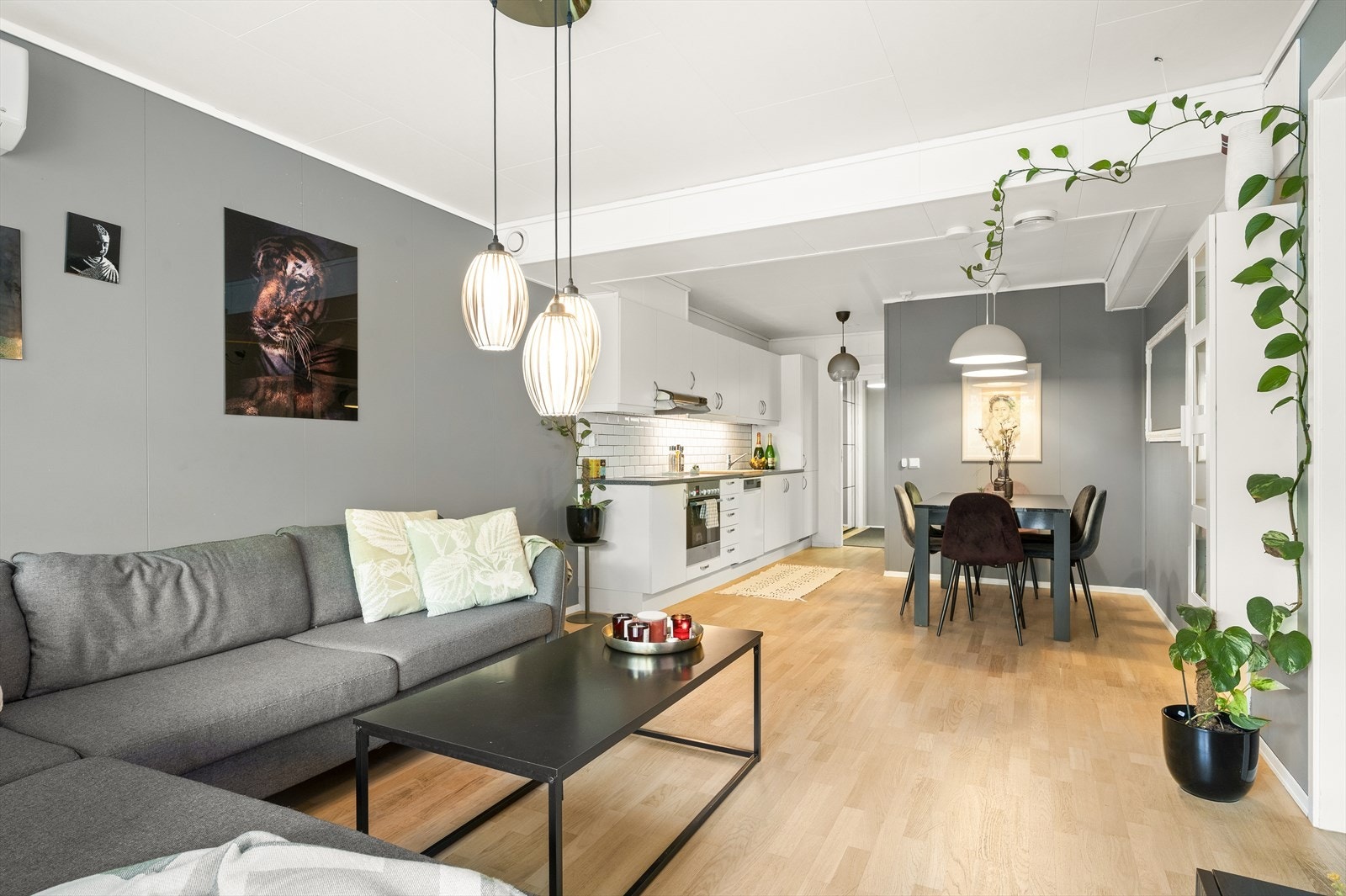 Boligen er godt tilpasset sosialt liv med god plass til en ordentlig sofa- og TV-krok i tillegg til spisebord hvor du kan dekke på til mange gjester. Galleribilde