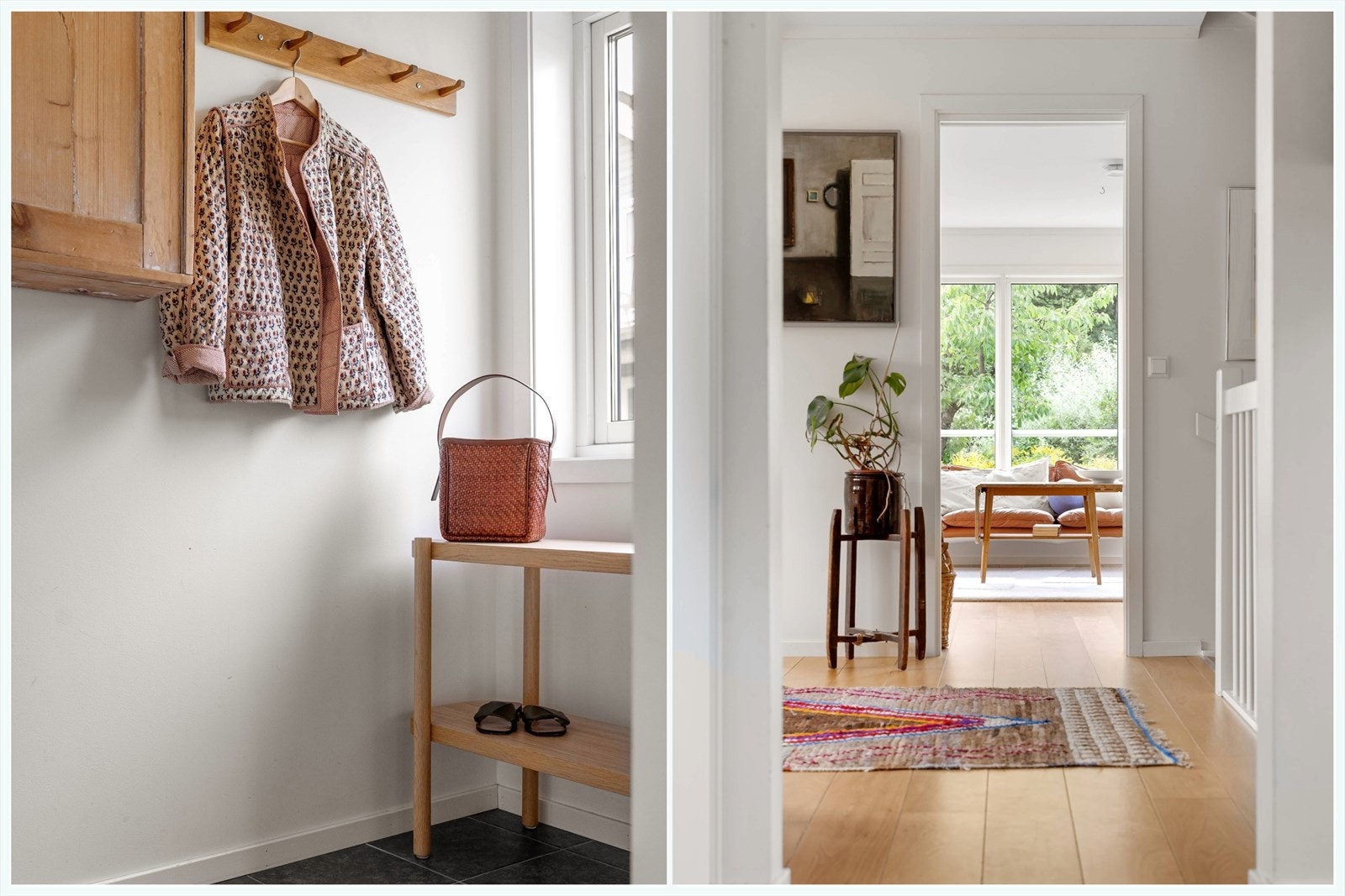 Romslig gang med god plass til garderobeskap eller kommode. Nydelig utsikt med en gang du kommer inn grunnet åpningen mot stue. Galleribilde