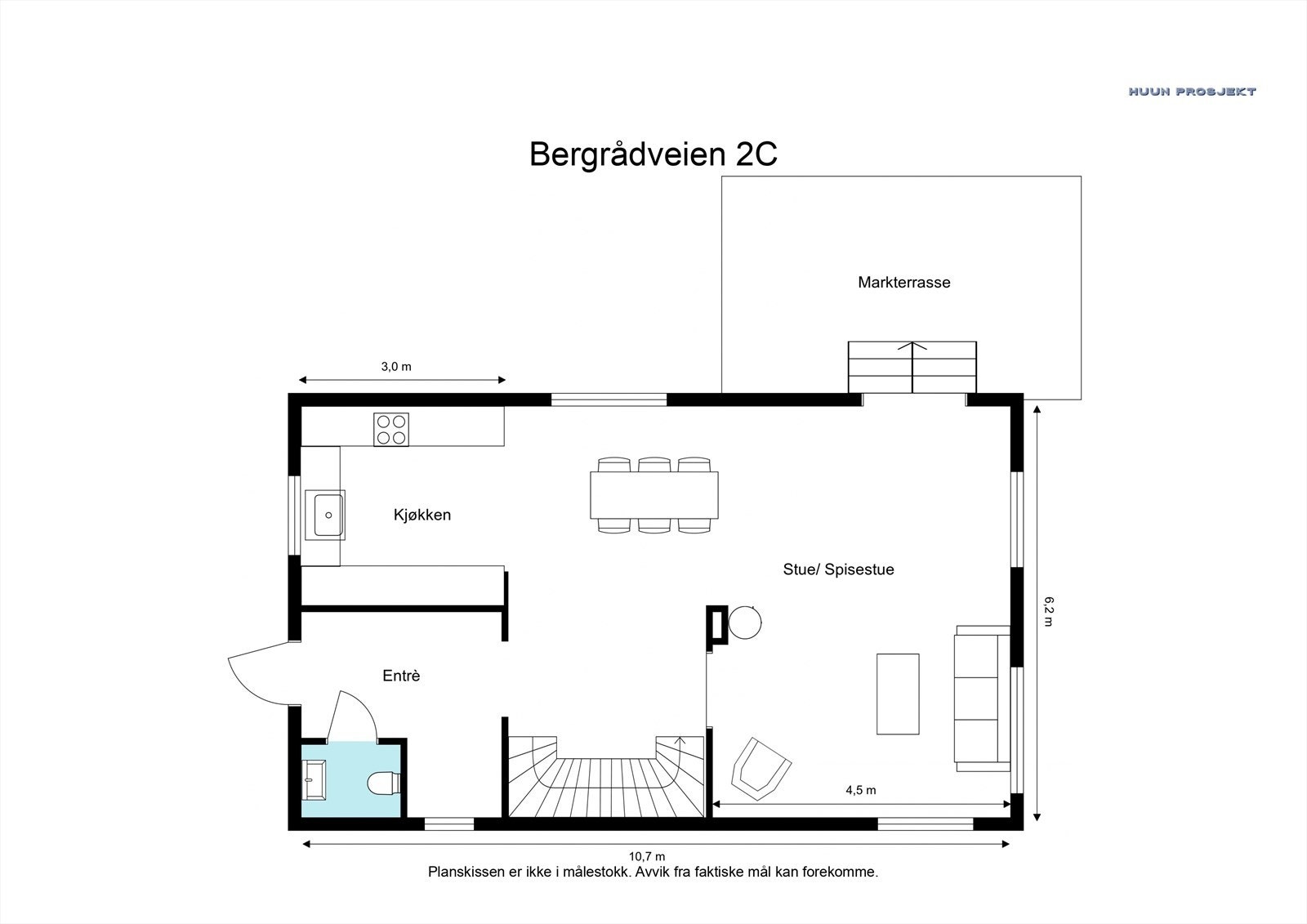 1. etasje (66 kvm BRA-i) består av: Entré/gang, stue/spisestue, kjøkken og wc. Galleribilde