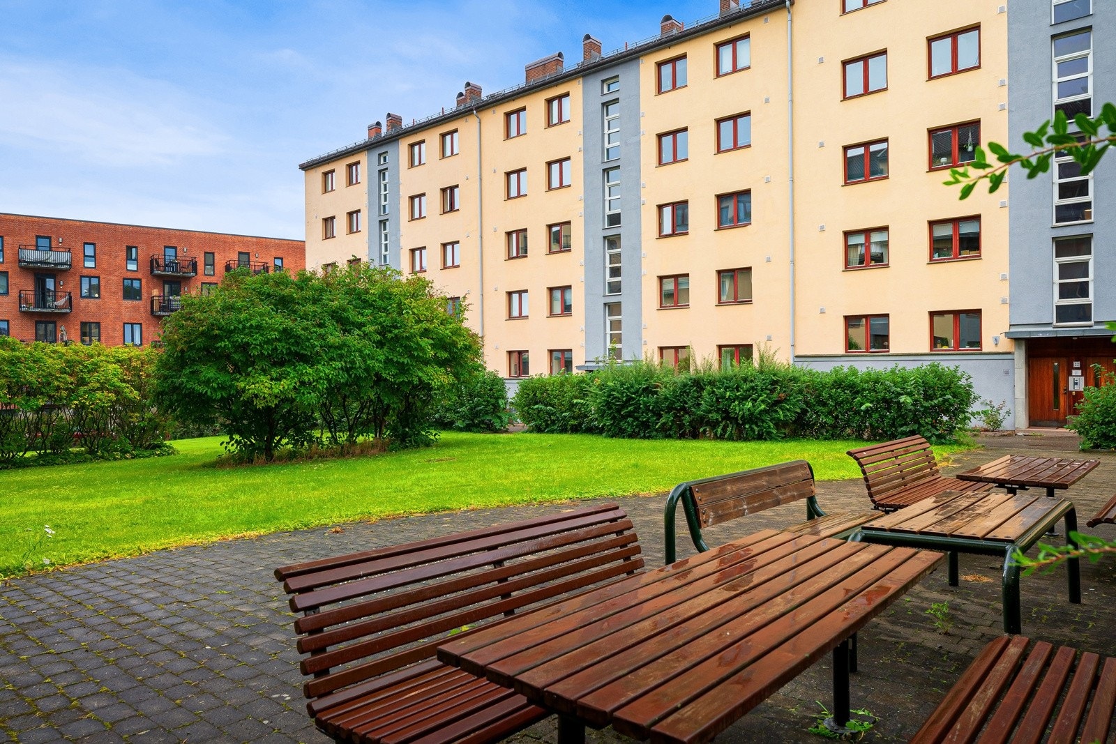 Hyggelig, felles uteområde med sittegrupper, beplantning og gressplen. Galleribilde