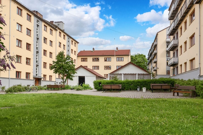 Hyggelig, felles uteområde med sittegrupper, beplantning og gressplen. Galleribilde