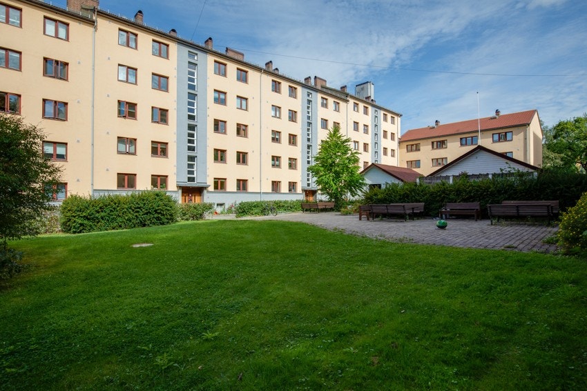 Hyggelig, felles uteområde med sittegrupper, beplantning og gressplen. Galleribilde