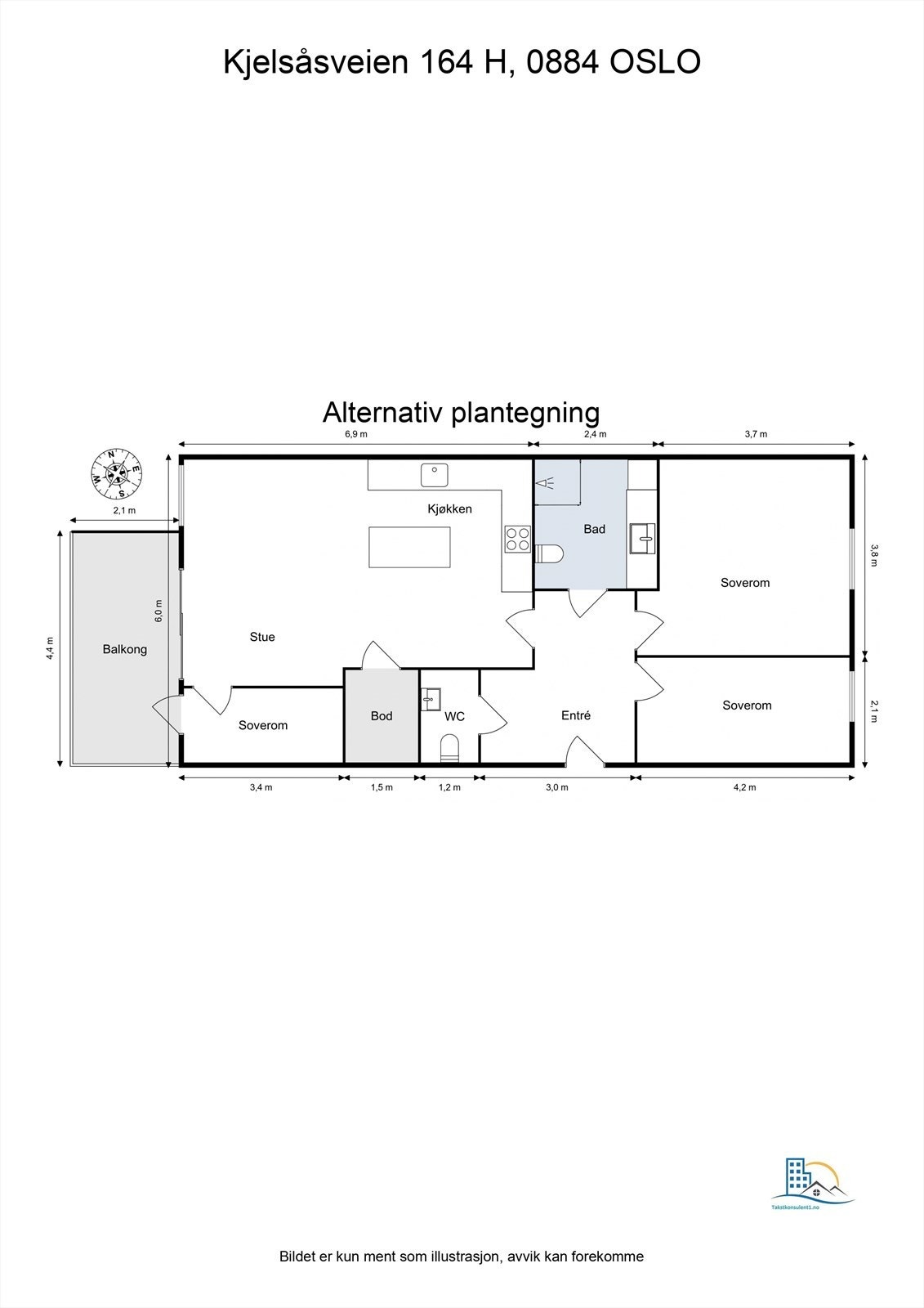 Alternativ plantegning om man ønsker et 3 soverom. Galleribilde