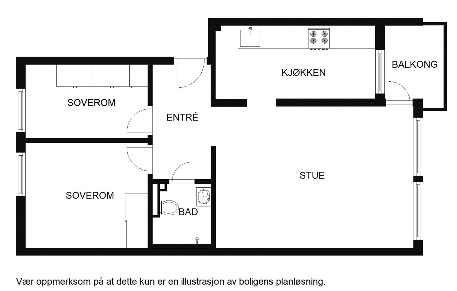 Planskisse. Utover overnevnte areal disponerer leiligheten 2 kjellerboder på hhv. 2,5 og 4,9 m². Galleribilde