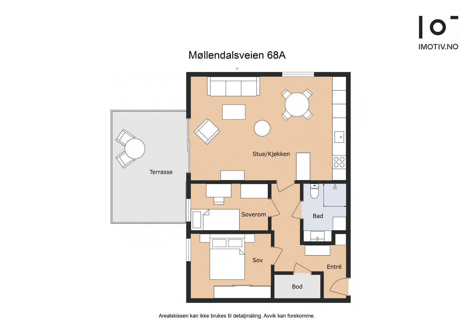 Leiligheten har følgende innredning: Entré, innvendig bod, bad/vaskerom, stue/kjøkken og to soverom. Galleribilde