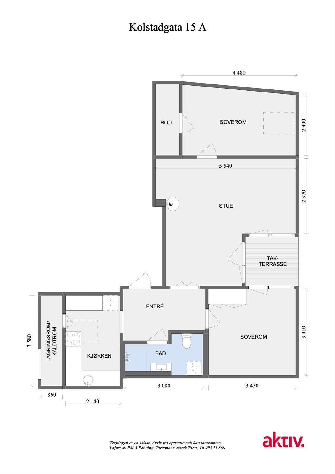 Planløsning. Utover leilighetens interne areal disponerer leiligheten en loftsbod på ca 3,6 m2 gulvareal, samt ca 2,8 m2. Galleribilde
