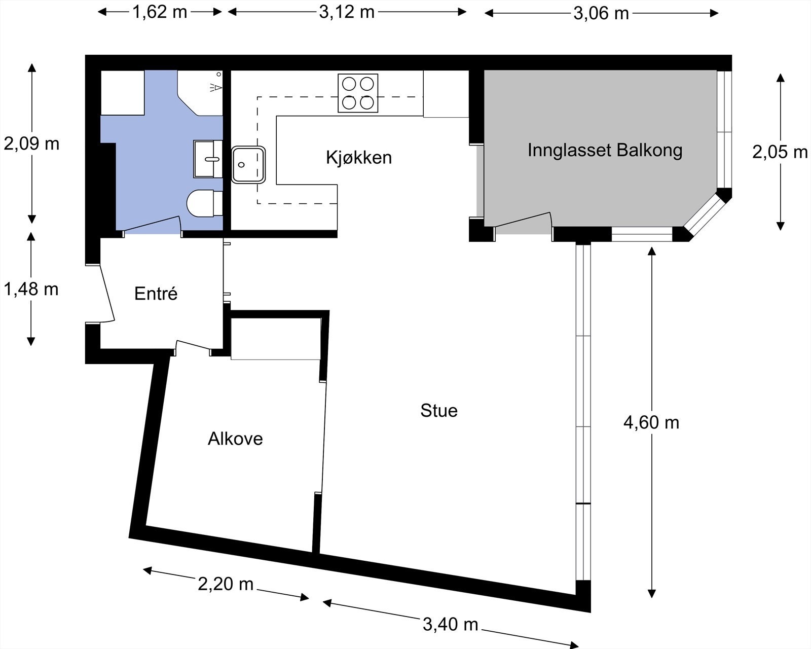 Plantegning. Leiligheten har en praktisk planløsning med entré, bad, åpen stue- og kjøkkenløsning med sovealkove og utgang til innglasset balkong. Galleribilde