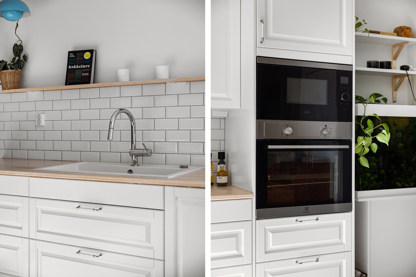 Medfølgende, integrerte hvitevarer bestående av en komfyr, induksjonstopp, oppvaskmaskin, kjøleskap/fryser og mikrobølgeovn. Galleribilde